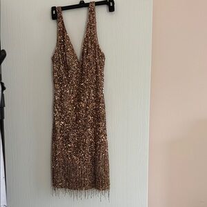 Mac Duggal Bronze Sequin Fringe V-Neck Mini Dress